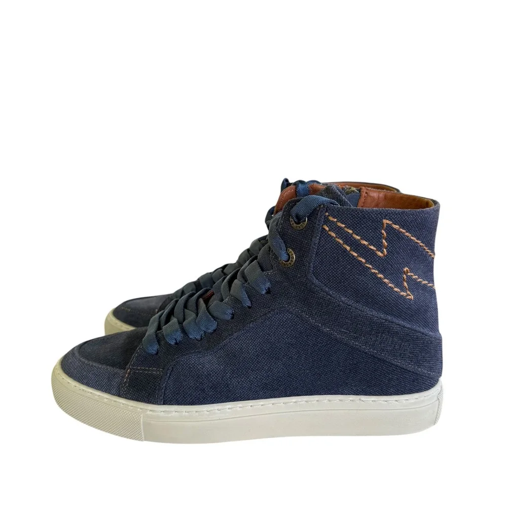 Zadig & Voltaire Navy Canvas High Top Zip Sneakers Lightning Bolt Blue Womens 38